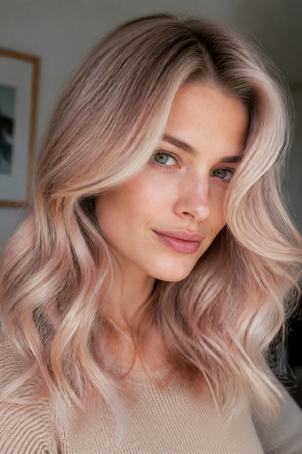 Close-up of a woman with champagne rose blonde hair and beige smoky root shadow in natural light