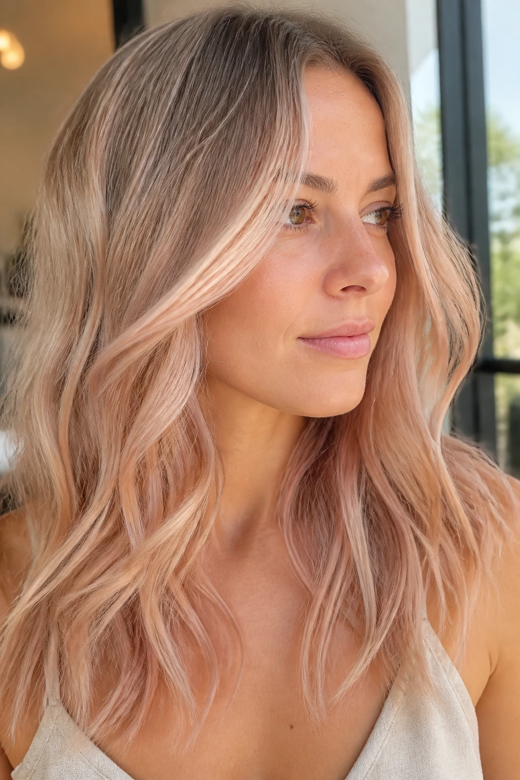 Close-up of champagne rose blonde hair on a real woman in warm light