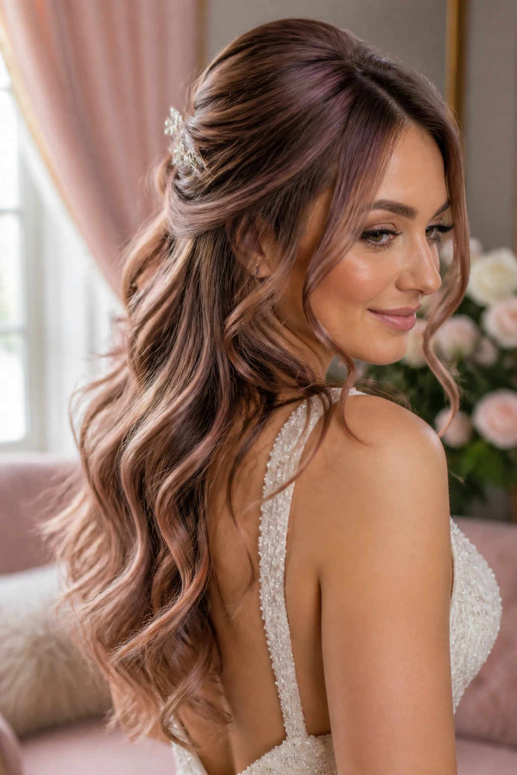 Close-up of a bride with champagne rose brunette hair