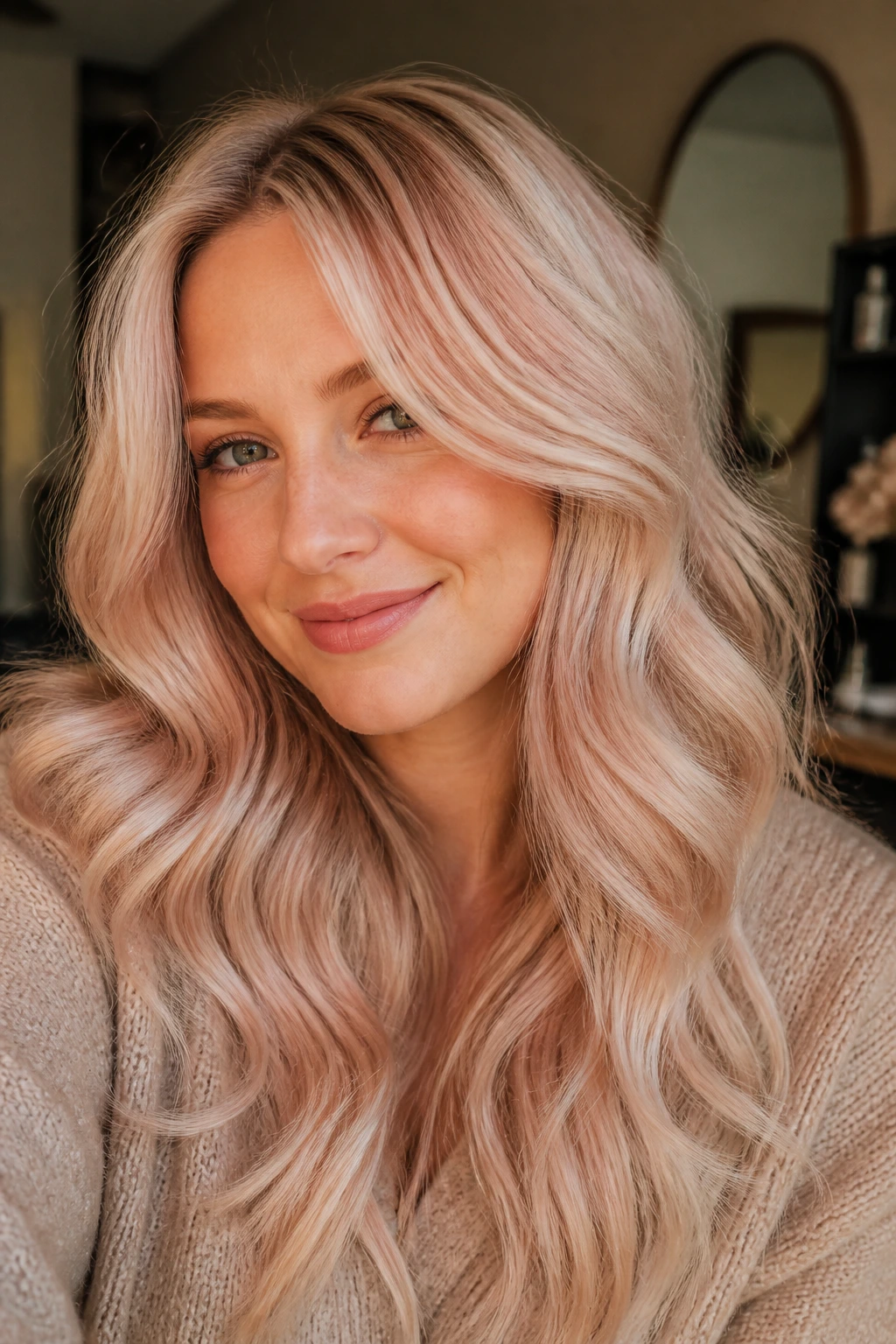 Close-up of a real woman with rosé undertones champagne blonde and soft waves in a cozy indoor setting.