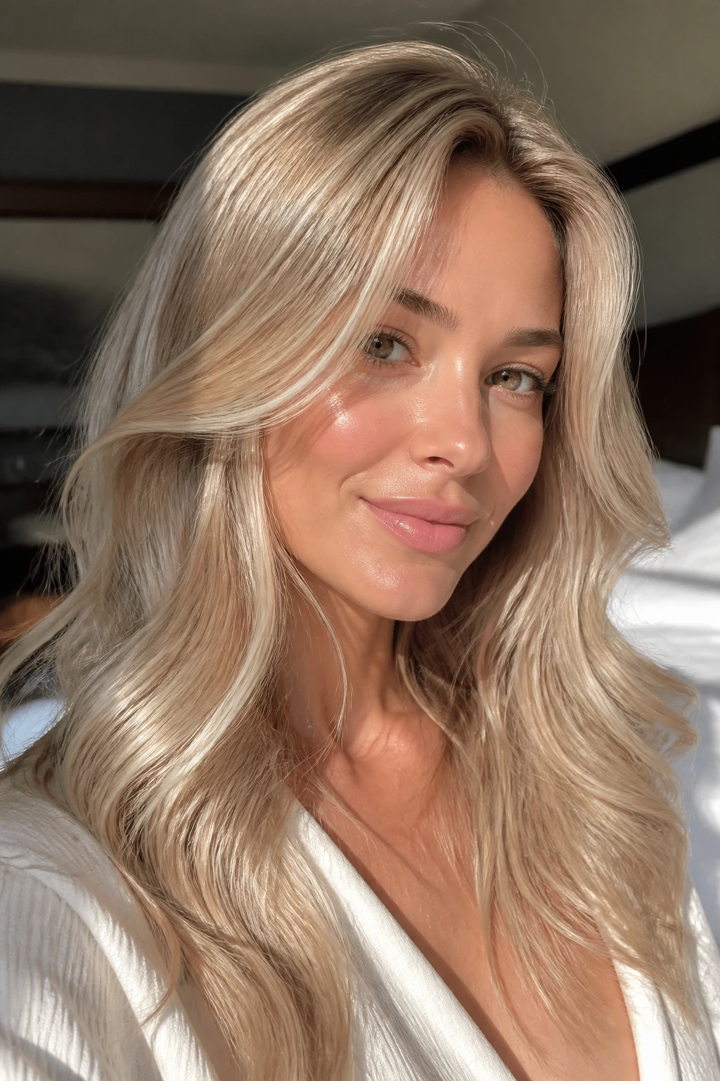 Close-up of a real woman with champagne shade hair in warm window light