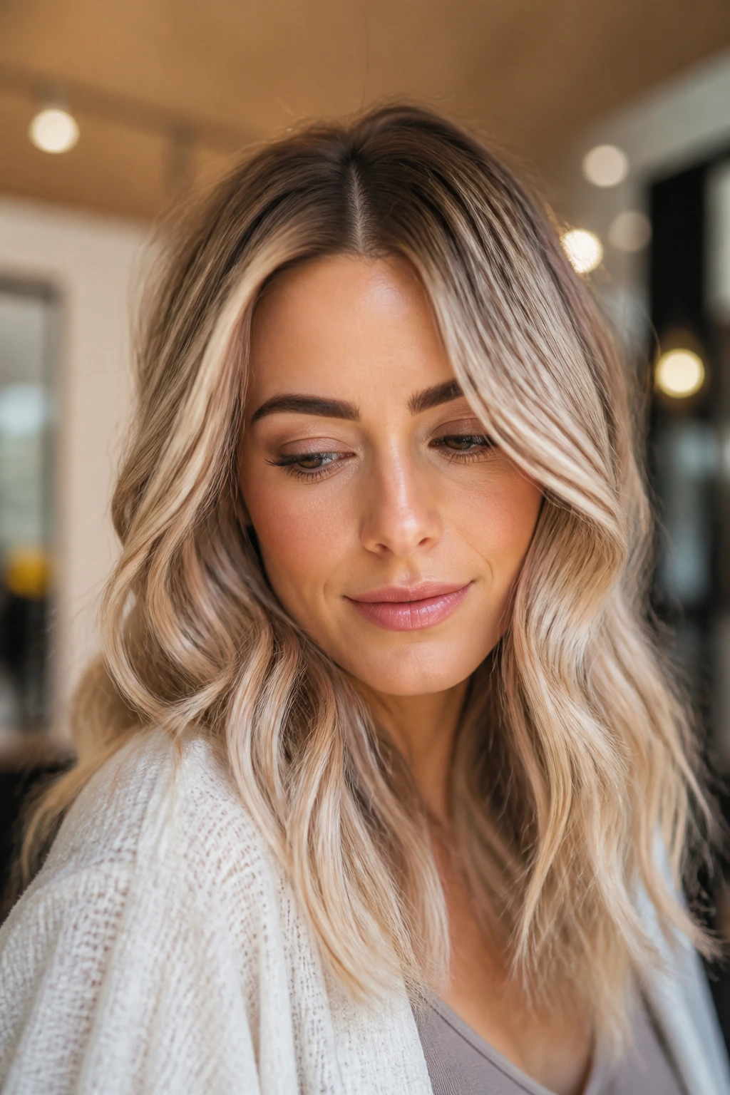 Close-up of a real woman with champagne blonde and soft shadow root in warm indoor light.