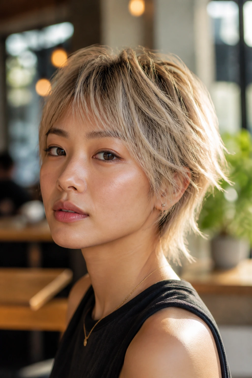 Close-up of a real woman with champagne shag crop in warm light