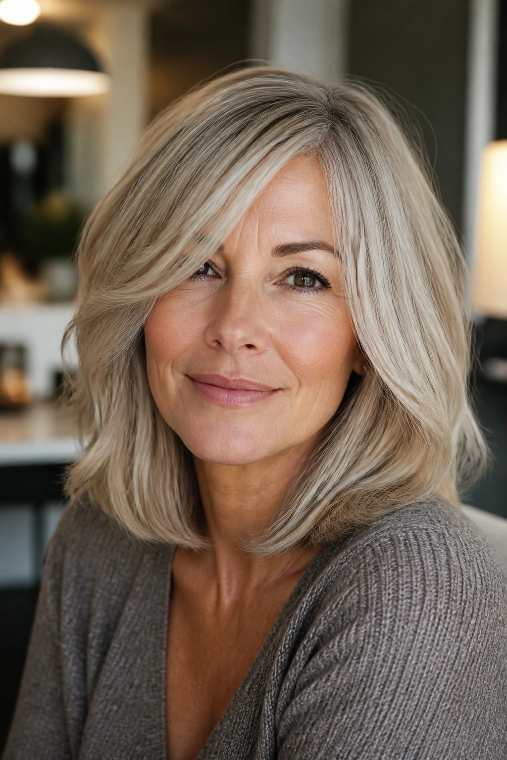 Champagne-silver lob on a real woman with warm complexion