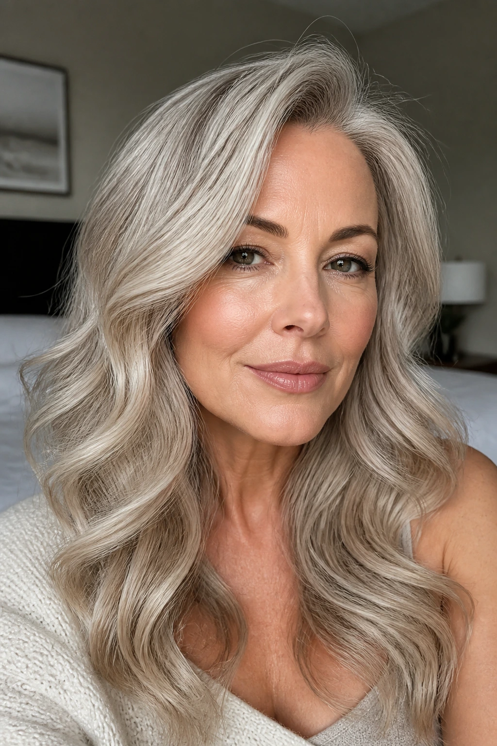 Close-up portrait of a woman with champagne silver hair and warm undertones in soft lighting