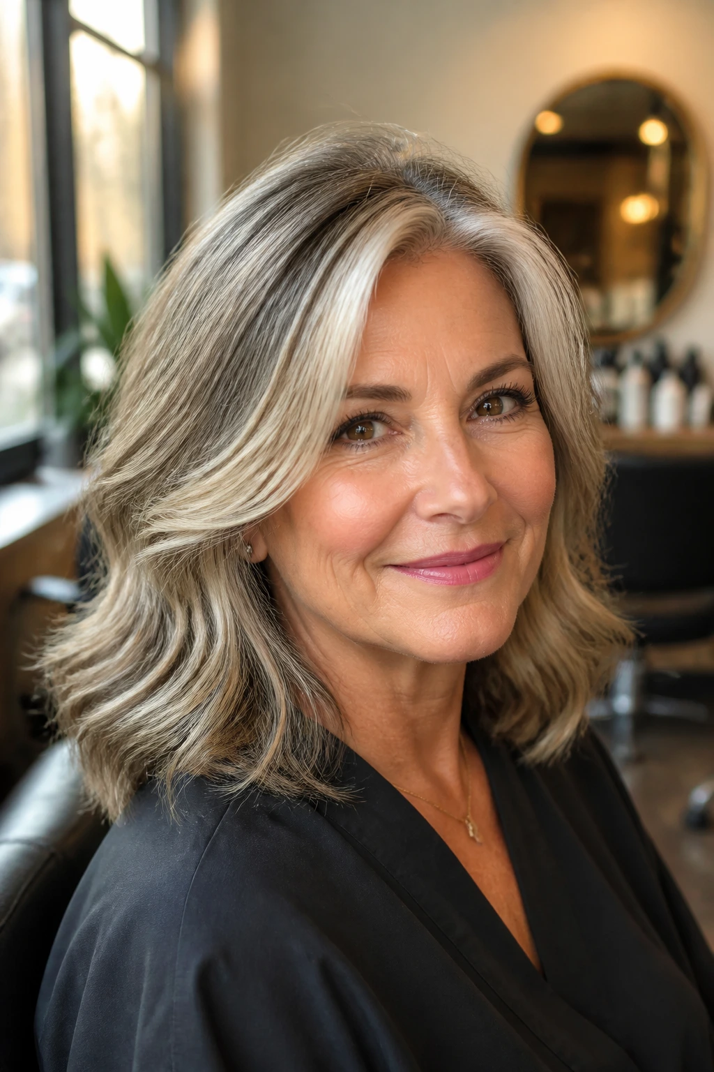Close-up of an older woman with champagne-silver highlights framing the face