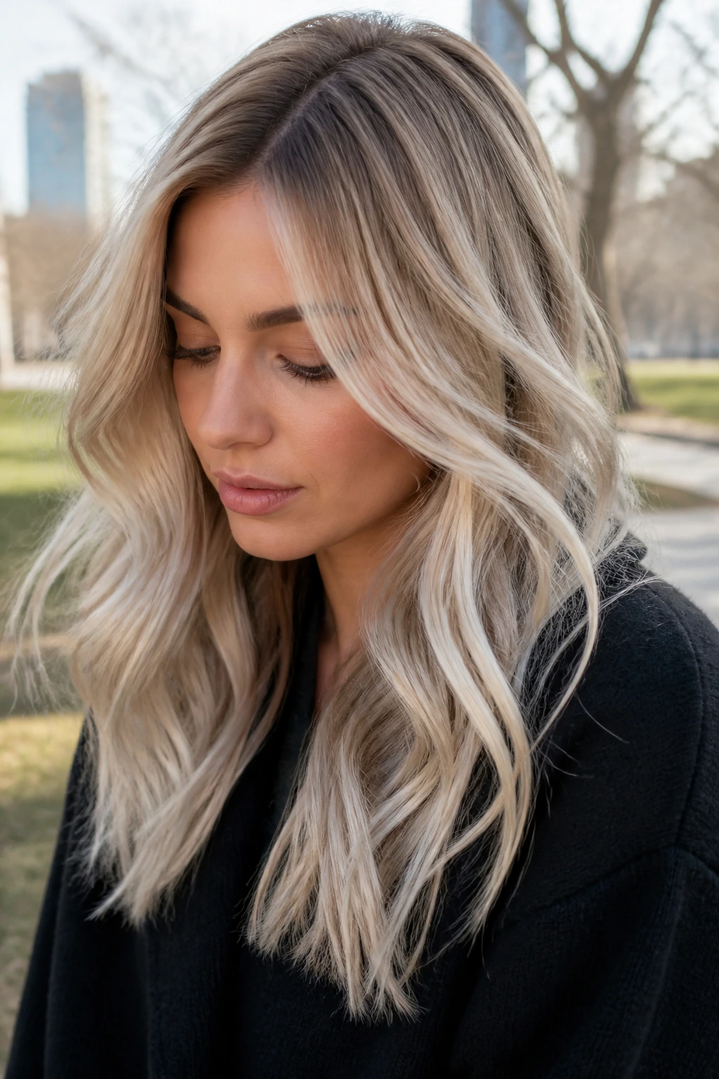 Close-up portrait of a real woman with Champagne Smoke Blonde hair in outdoor light
