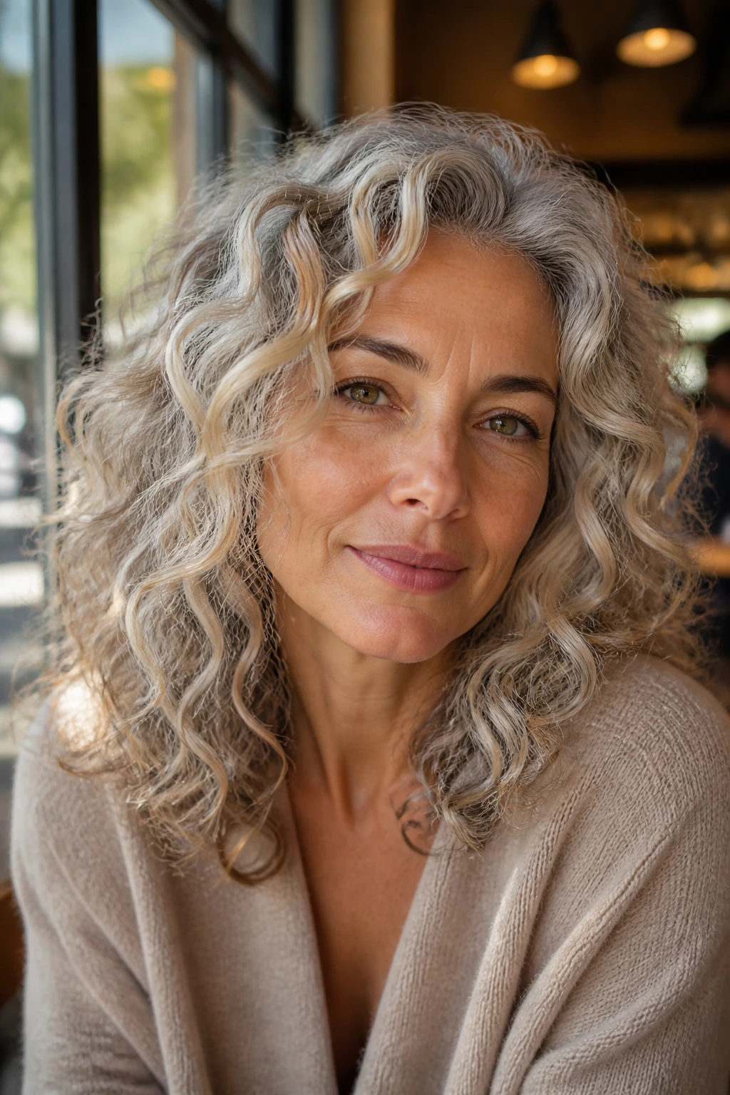 Close-up of a real person with champagne smoke gray curls.