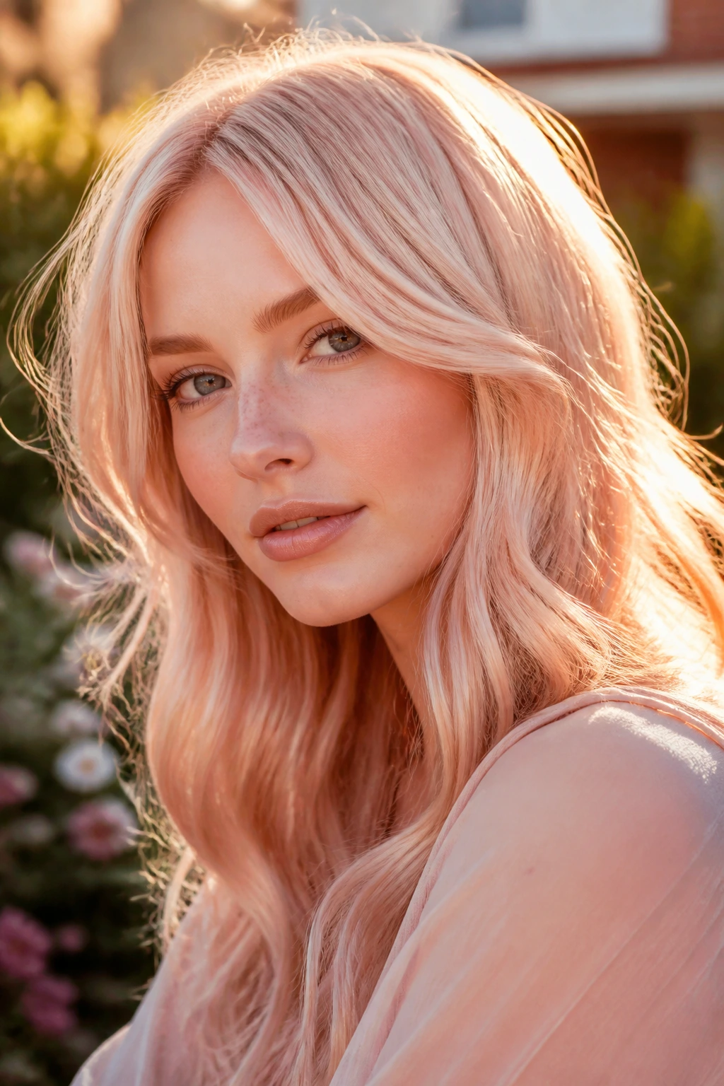 Close-up of a real woman with champagne strawberry glaze hair in golden hour sunlight