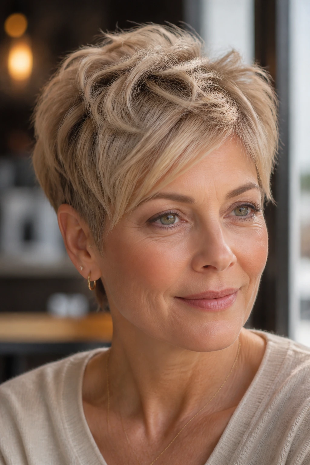 Close-up portrait of a real person with champagne blonde textured crop