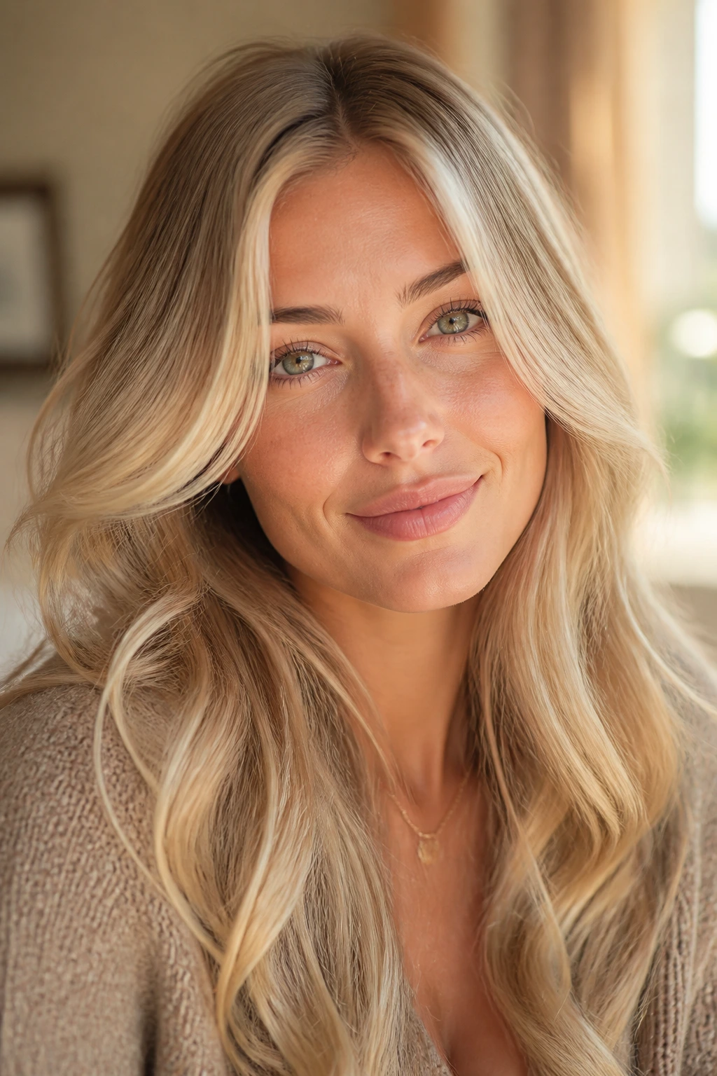 Close-up of a woman with champagne veil blonde hair
