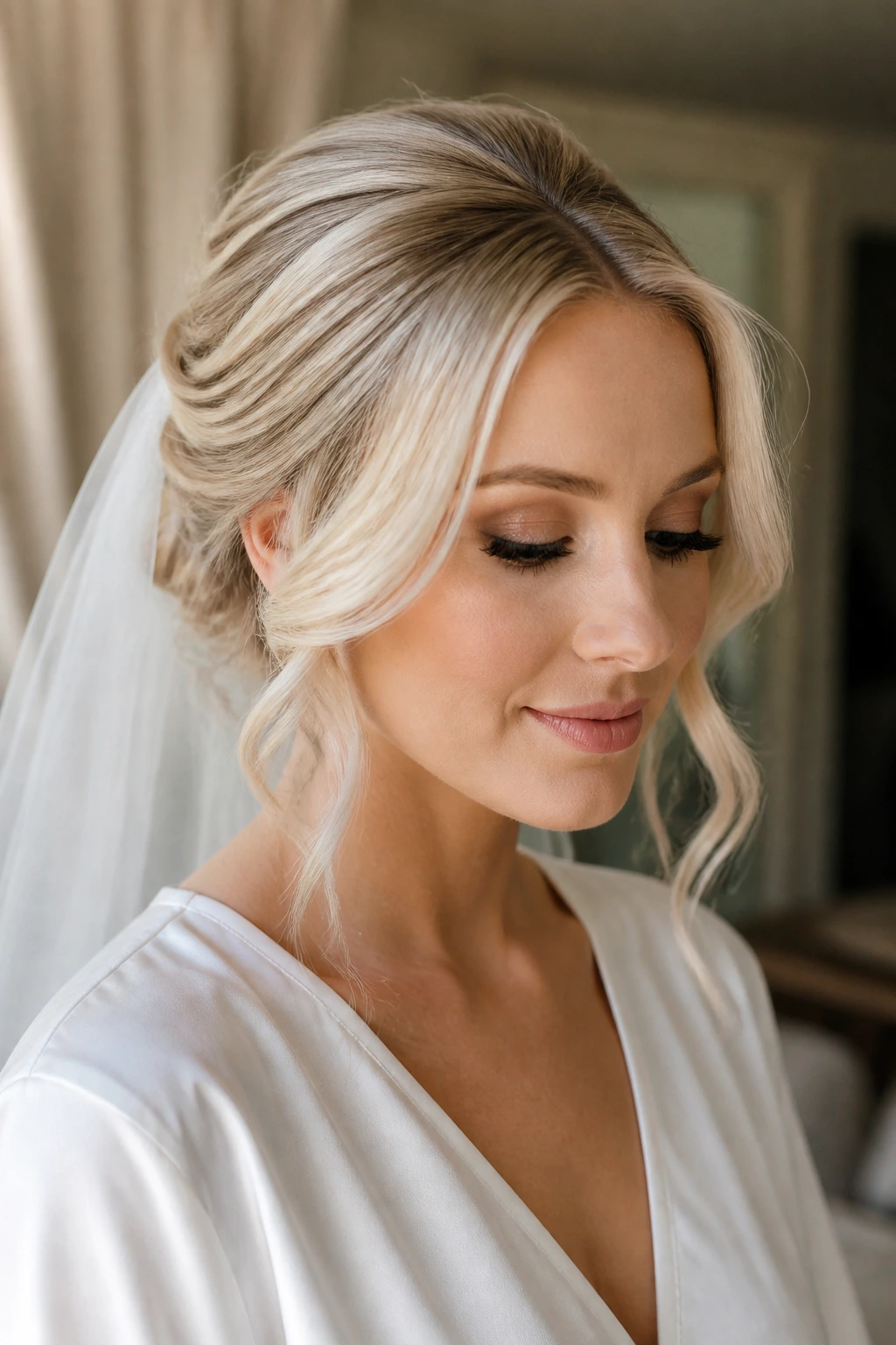 Bride with Champagne Veil Blonde hair near satin backdrop