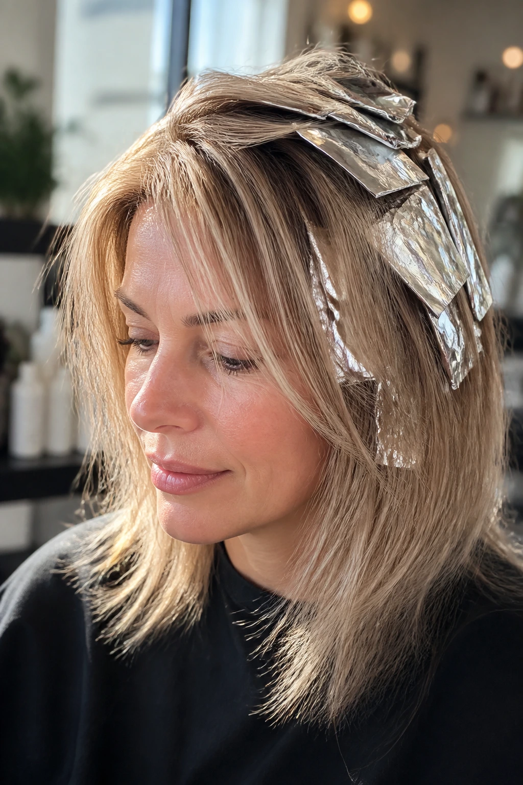 Close-up portrait of a real woman with champagne veil foilayage on fine hair