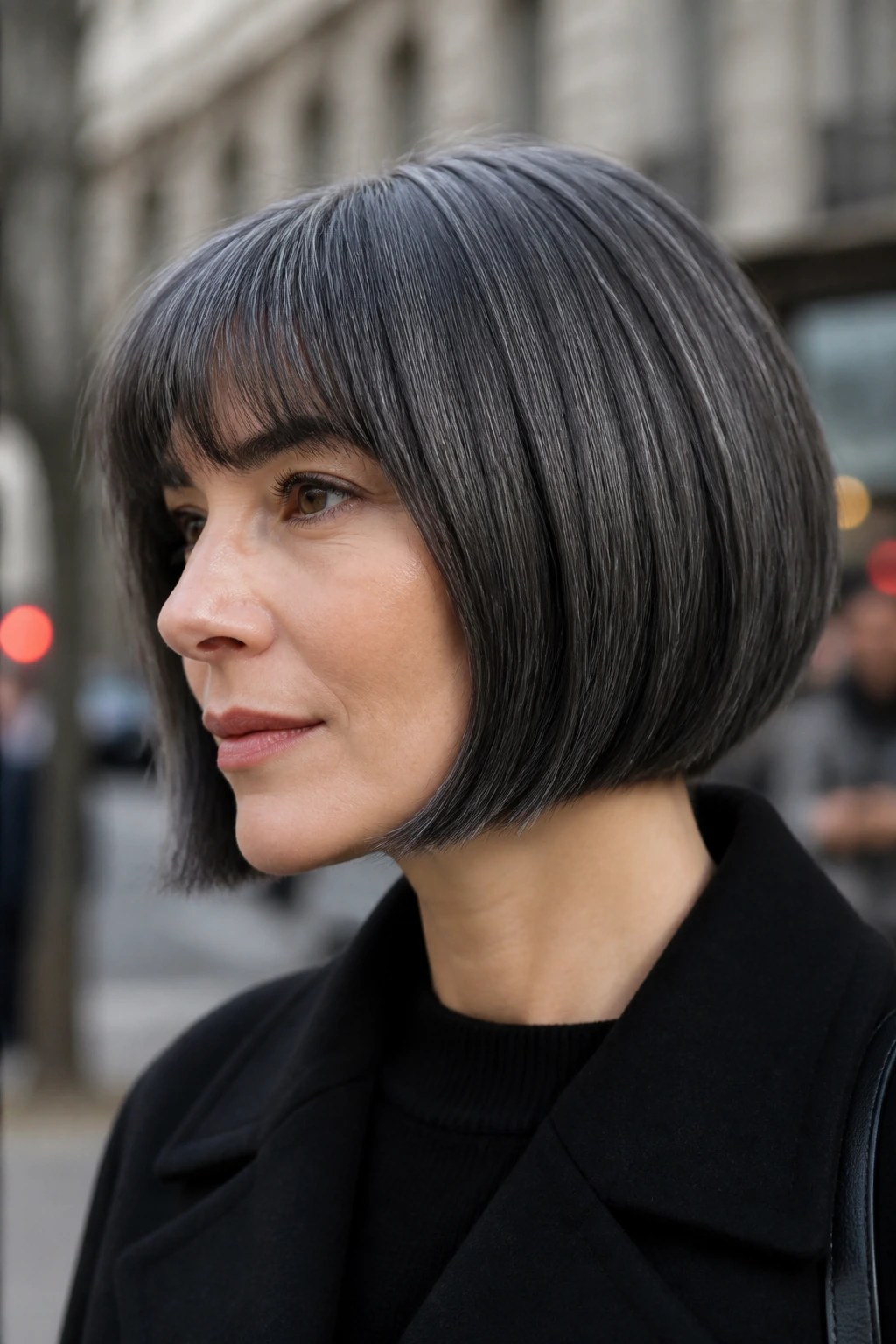 Portrait of person with smoky charcoal bob showing crisp edge