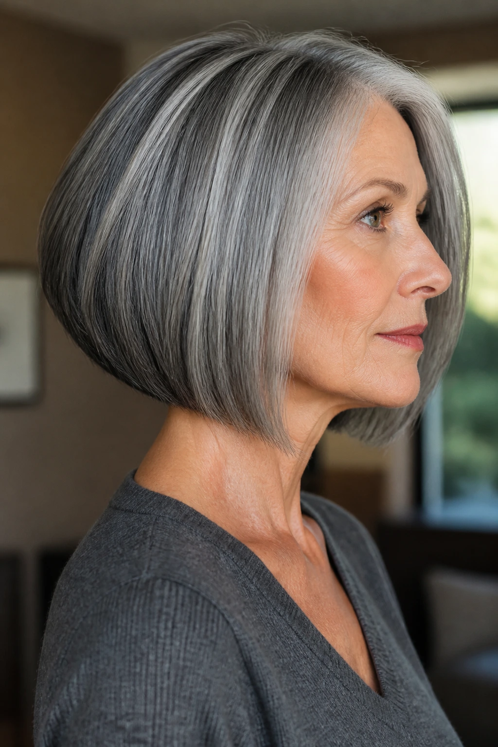 Close-up of a real woman with a blunt bob and charcoal lowlights on silver hair