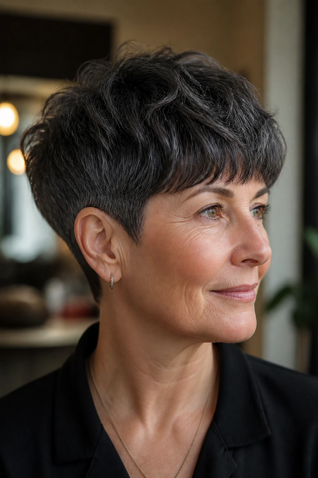 Close-up of a person with a textured charcoal mushroom pixie haircut.