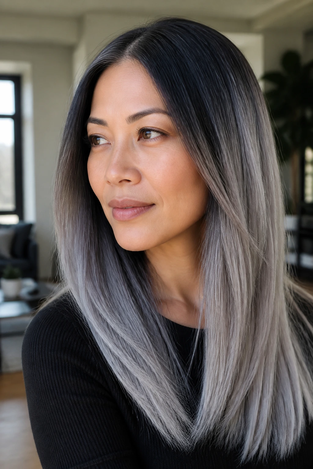 Portrait of a person with charcoal to pewter hair gradient