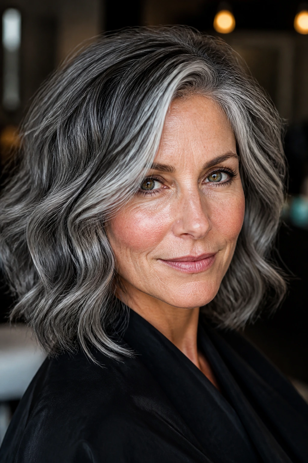 Portrait of a woman with smoky charcoal-silver hair in a wavy bob