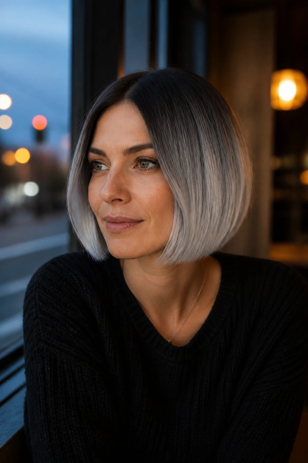 Close-up portrait of a person with a charcoal-to-silver ombre bob in a city cafe setting.