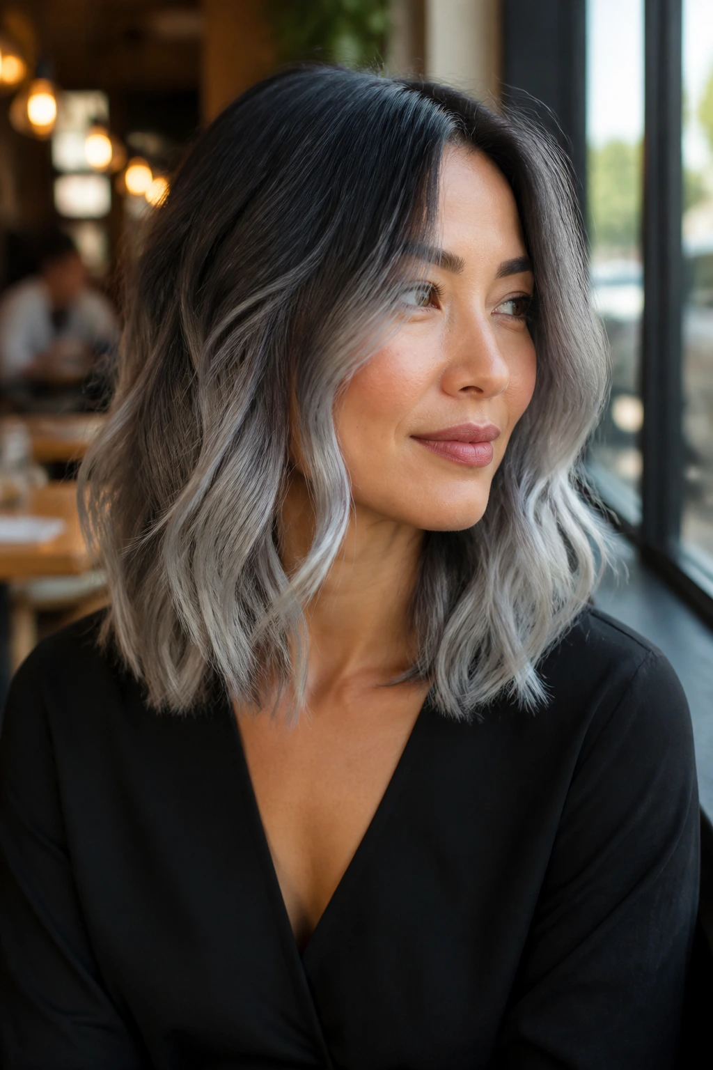 Portrait of a real woman with charcoal-to-silver ombre at shoulder length with soft waves