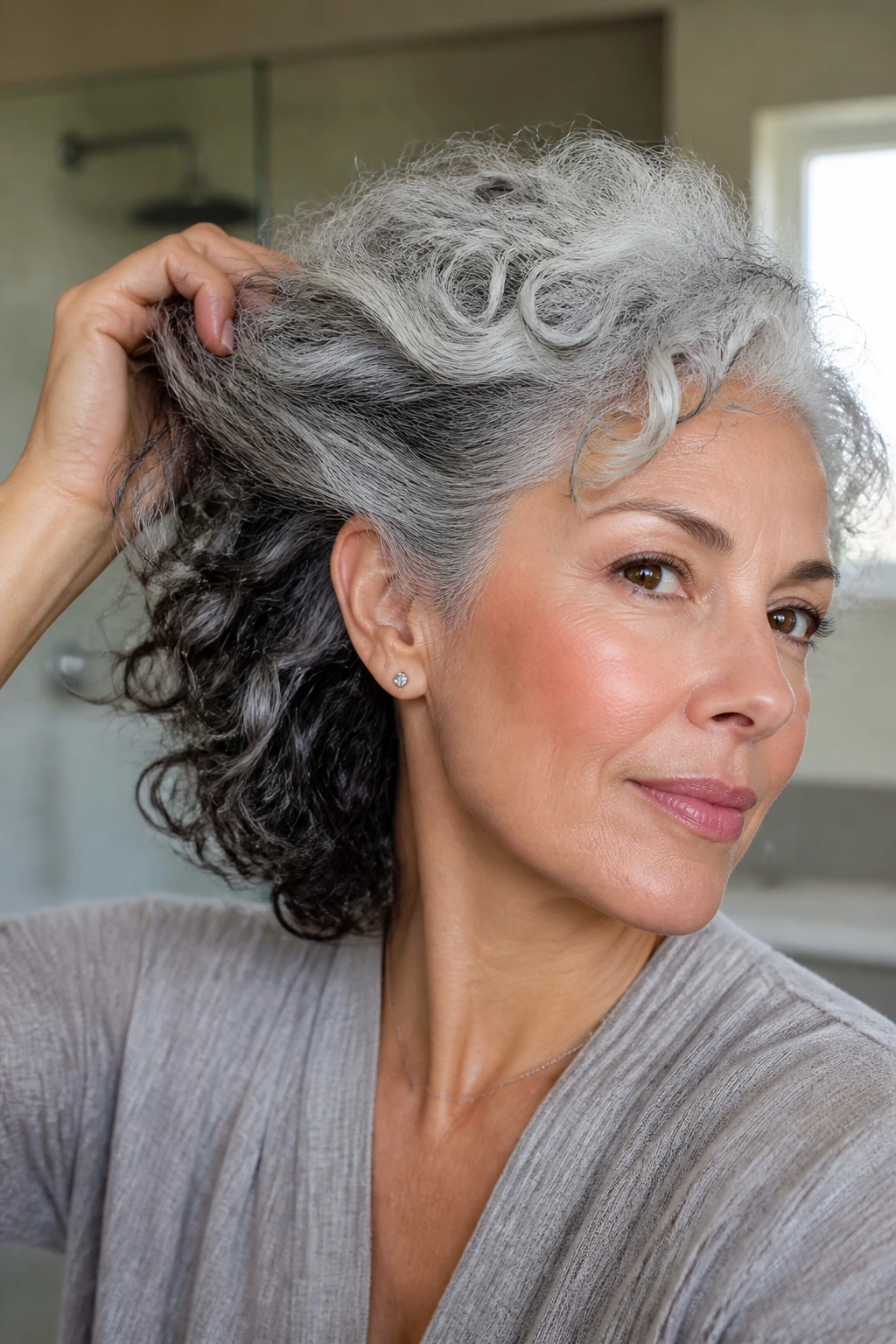 Close-up of a real woman with charcoal underlayer showing through curls
