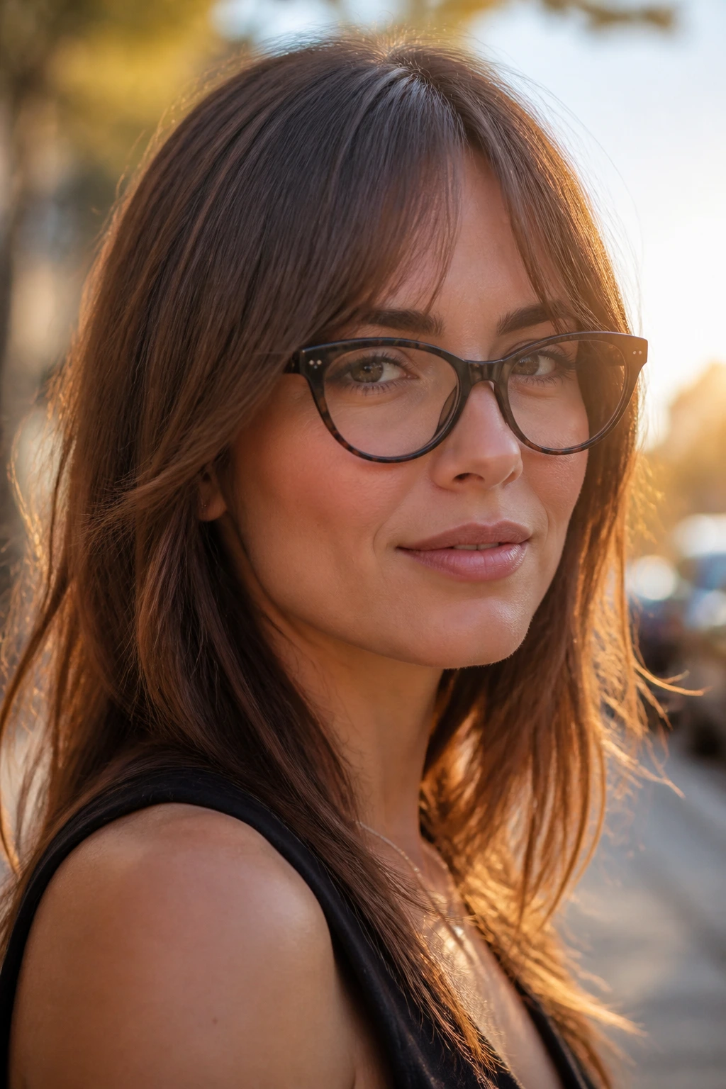 Close-up of a real woman with cheekbone curtain bangs and cat-eye glasses in golden hour light