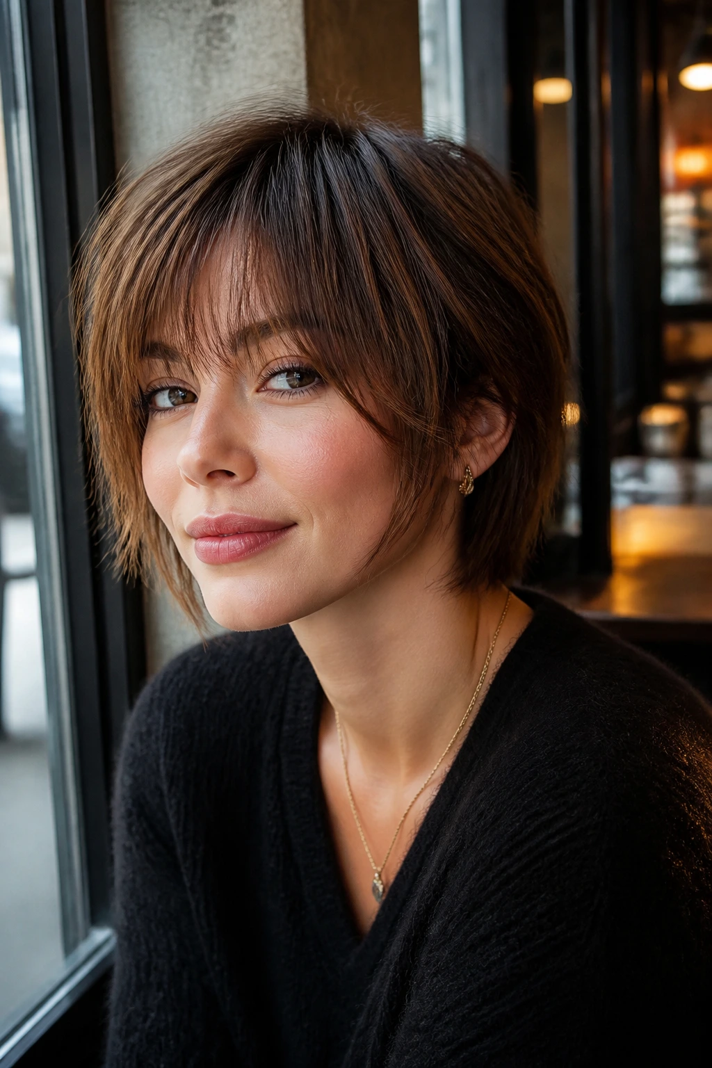 Real person with cheekbone bangs and layered crop in natural light