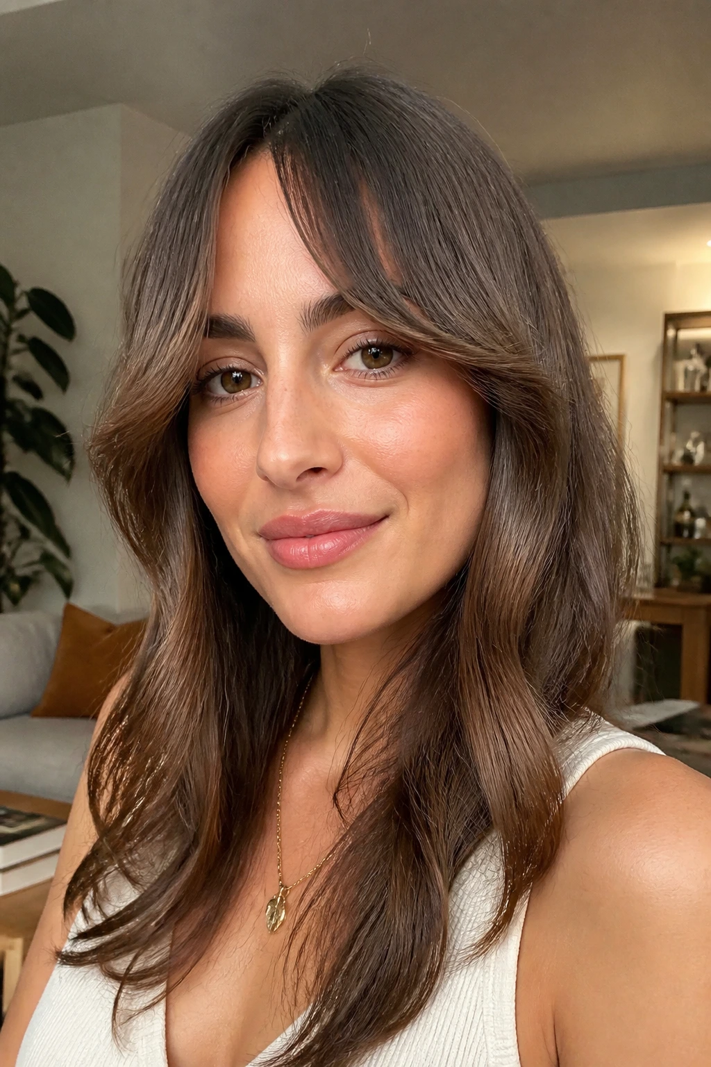Portrait of a real person with cheekbone-skimming bottleneck bangs