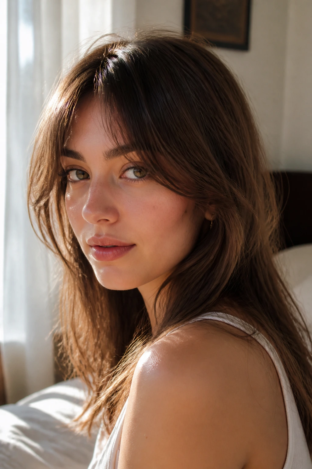 Cheekbone-skimming soft bottleneck bangs on a real woman