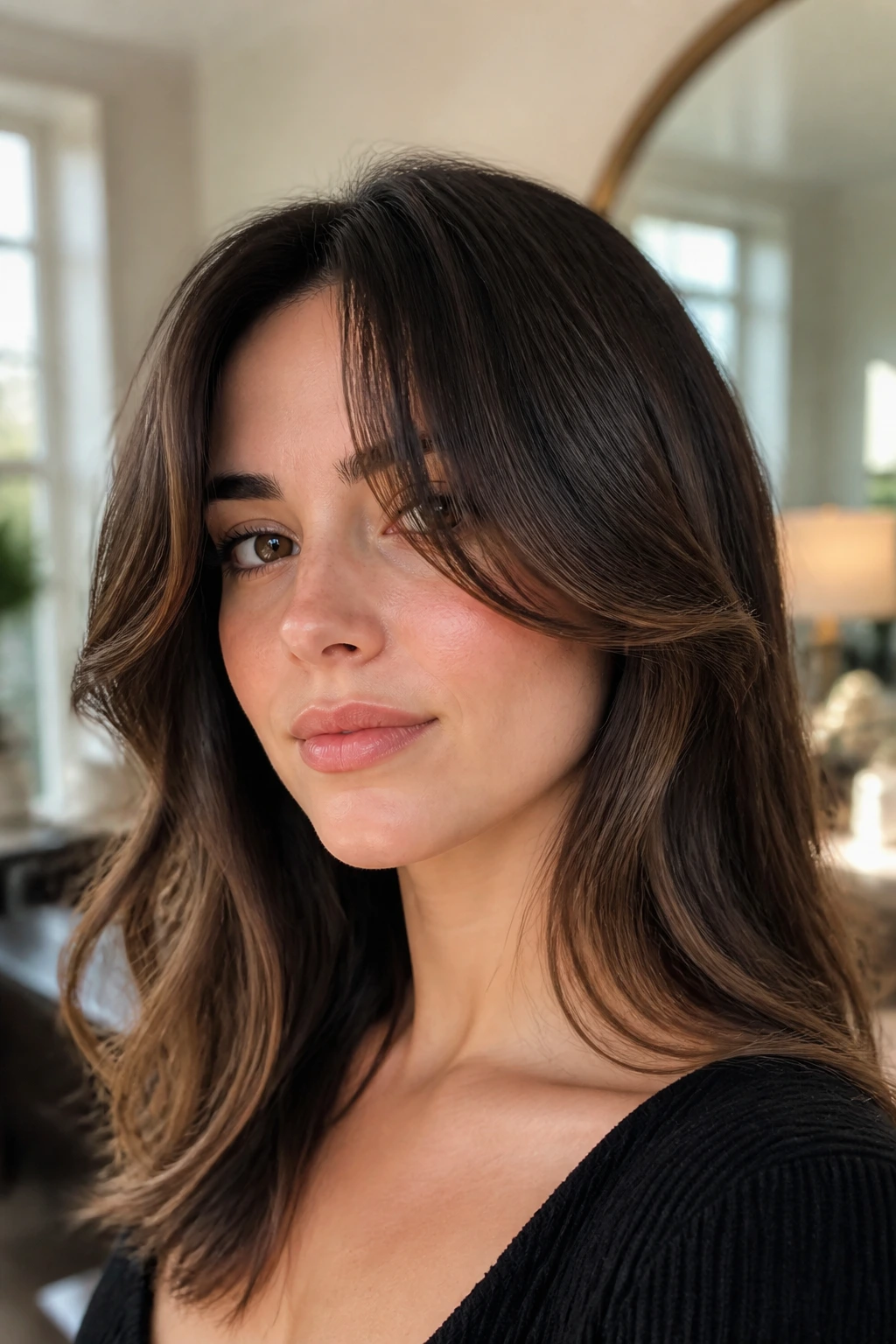 Close-up of a woman with cheekbone-skimming curtain bangs