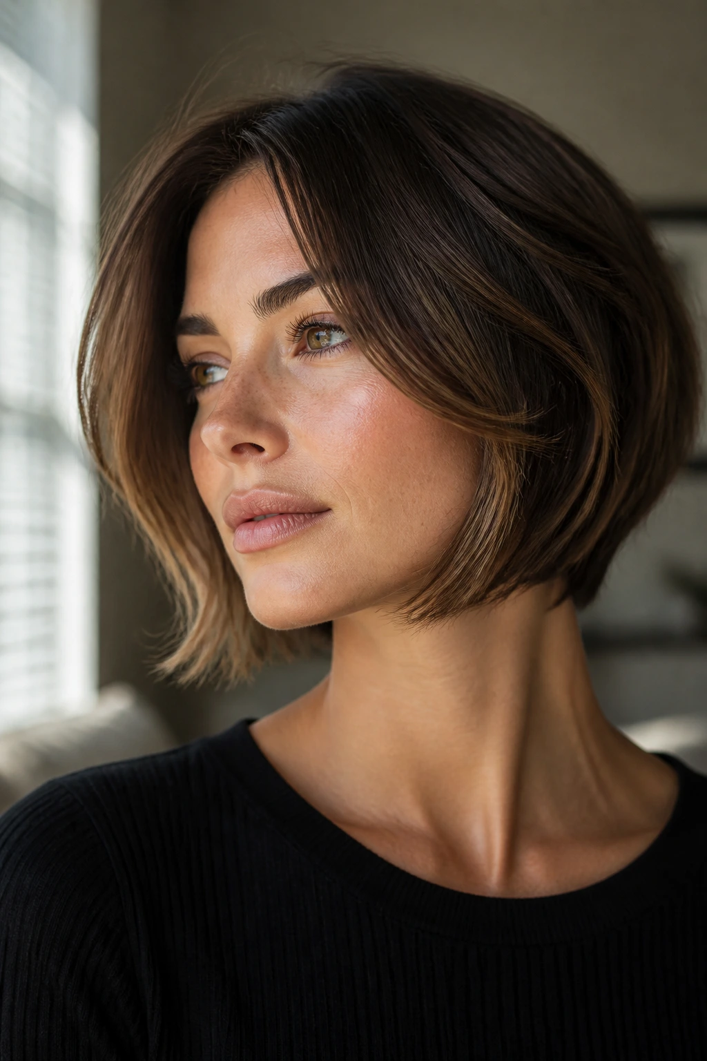 Woman with cheekbone-contouring layered bob highlighting cheekbones.