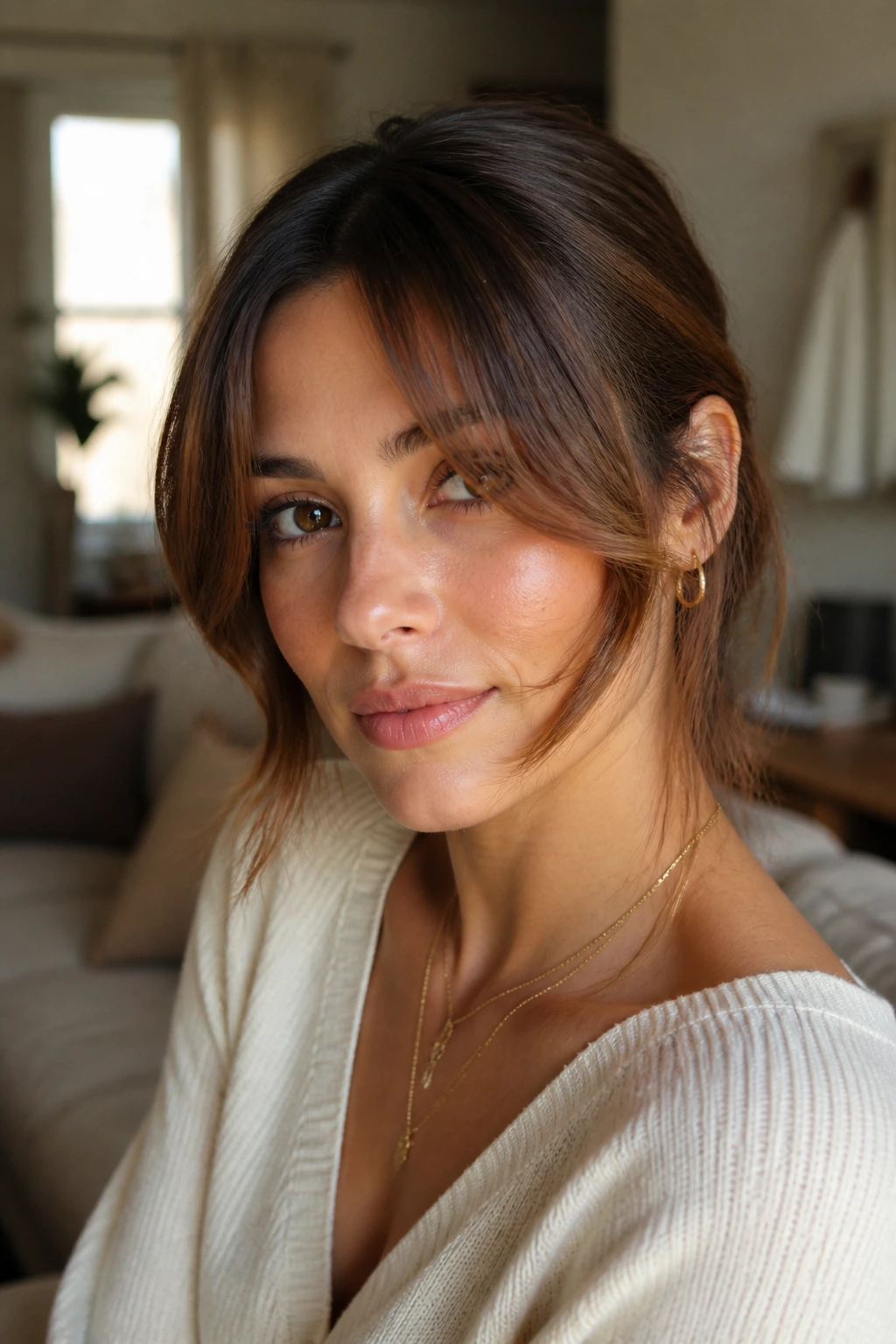 Real woman with cheekbone curtain bangs in soft window light