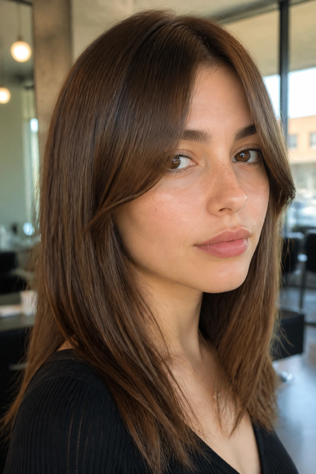 Portrait of a real woman with cheekbone-skimming curtain bangs in a salon-like setting