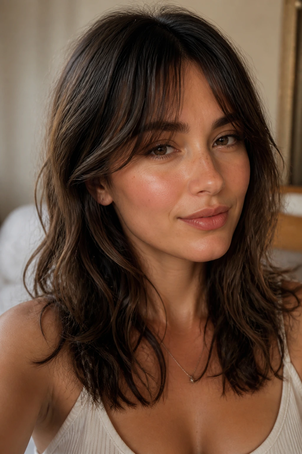 Close-up of cheekbone-skimming curtain bangs on a real person