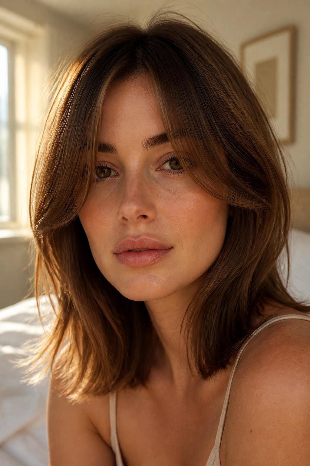 Close-up of a woman with cheekbone-skimming curtain bangs