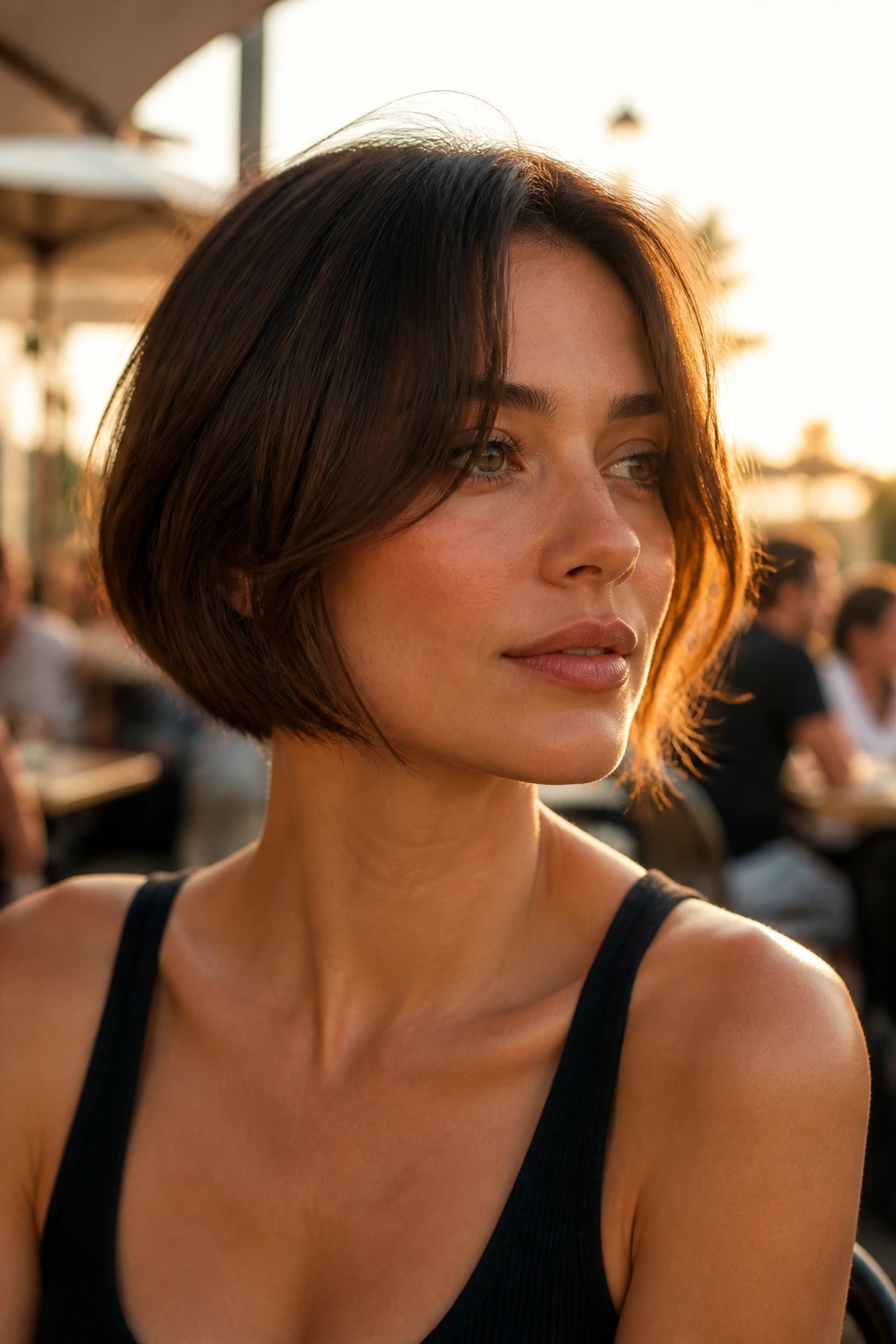 Real woman wearing a cheekbone curtain bob with curtain pieces framing the face