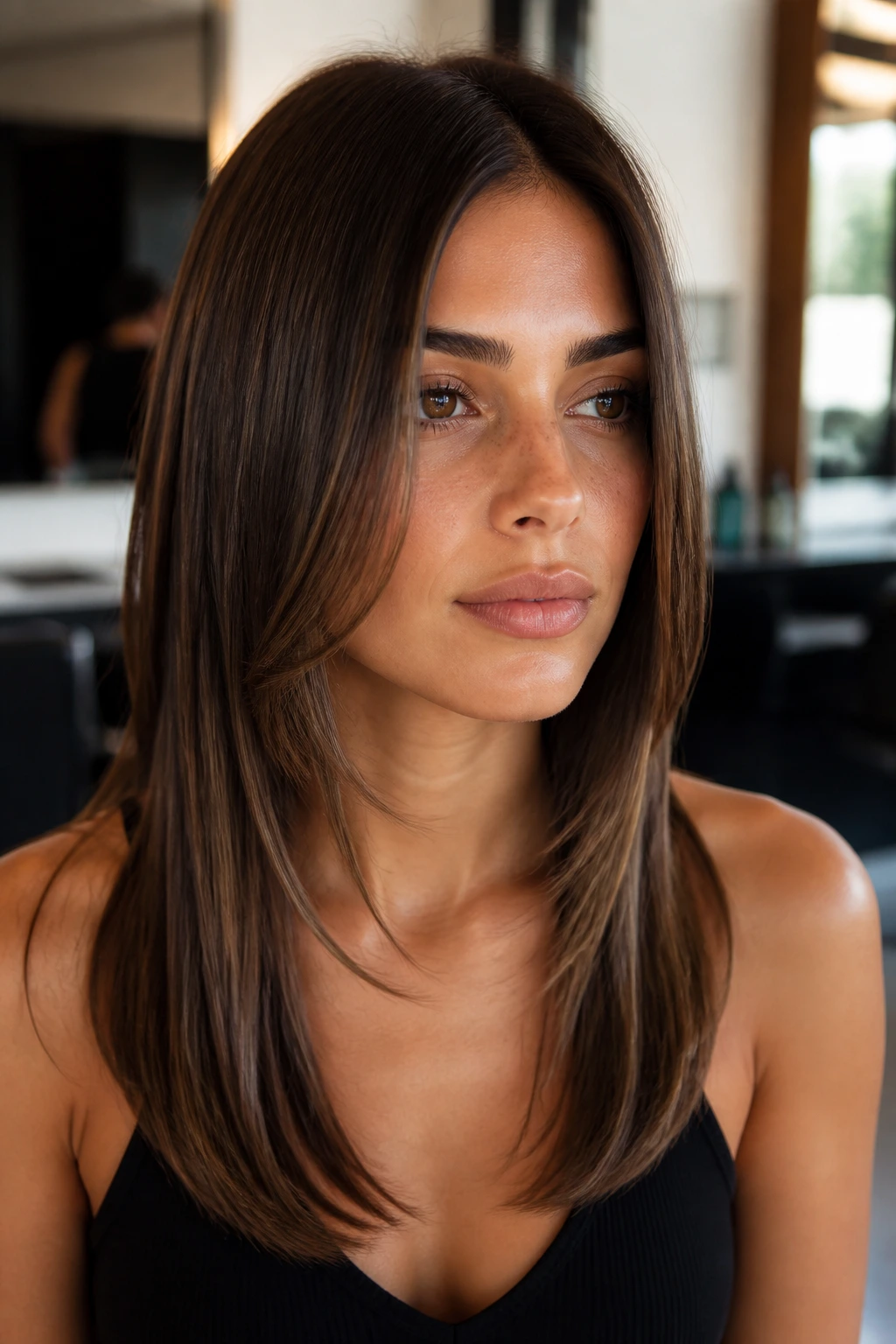 Close-up portrait of a real woman with cheekbone face-framing layers and center part