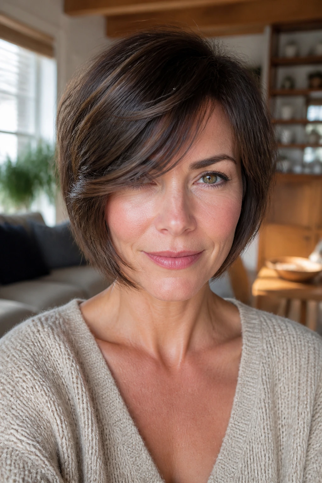 Close-up of a real person with cheekbone-length front piece and face-framing layers in warm sunlight