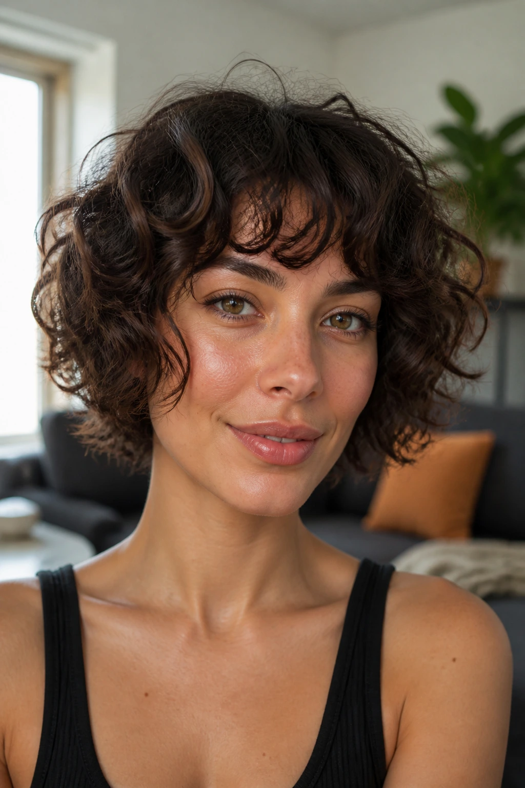 Close-up of a real woman with cheekbone-frame bangs