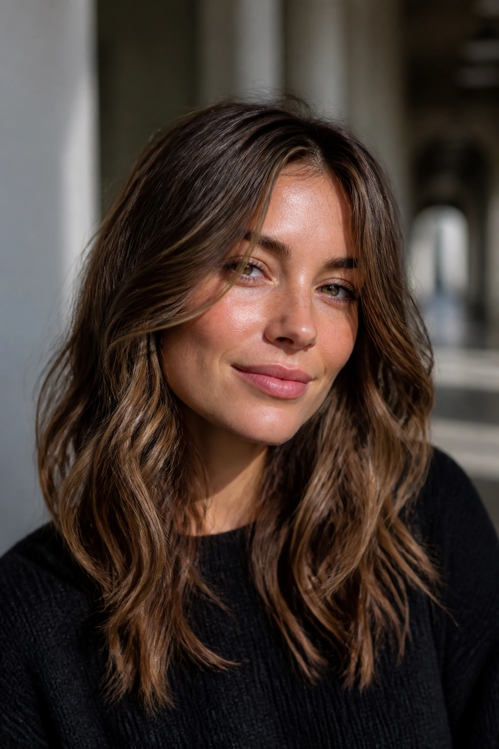Close-up portrait of a real person with cheekbone-framing front pieces in a wavy cut