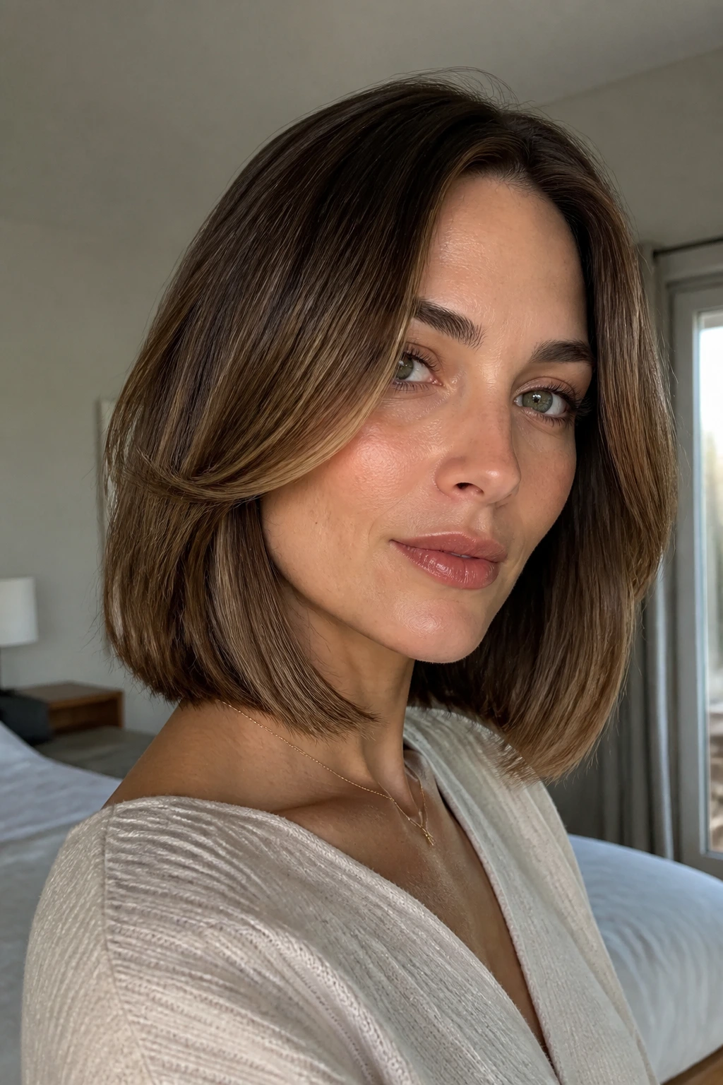Portrait of a real woman with cheekbone-framing lob highlighting contour