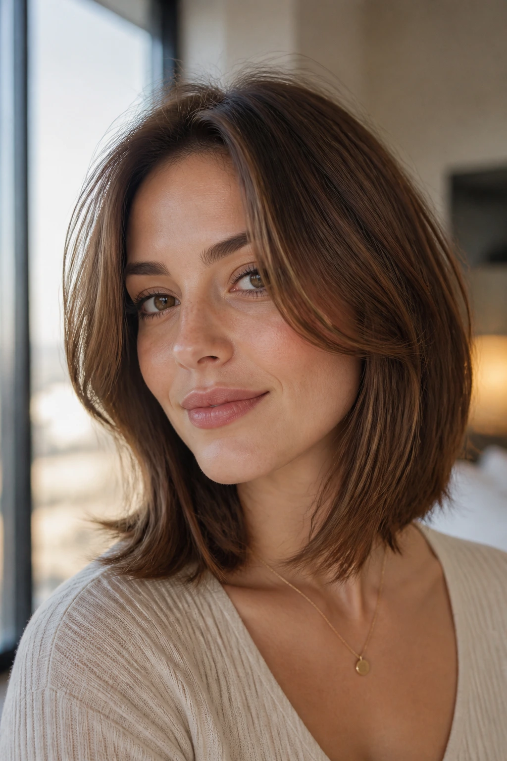 Close-up of a woman with cheekbone-frame long bob showing face-framing front layers.