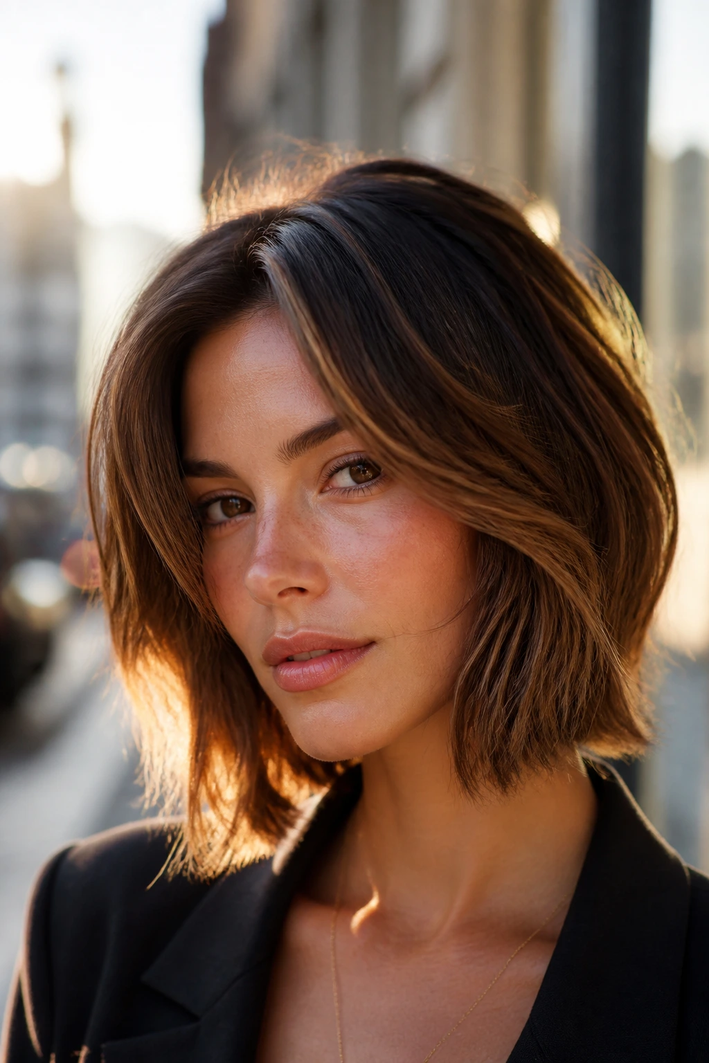 Close-up of a real woman with cheekbone-frame lob framing the face in golden hour light