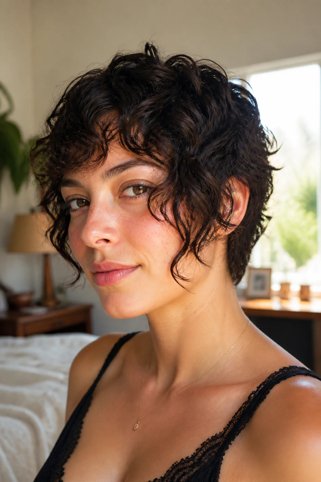 Close-up portrait of a real woman with cheekbone-framing pixie wolf curls around the cheek and jaw.