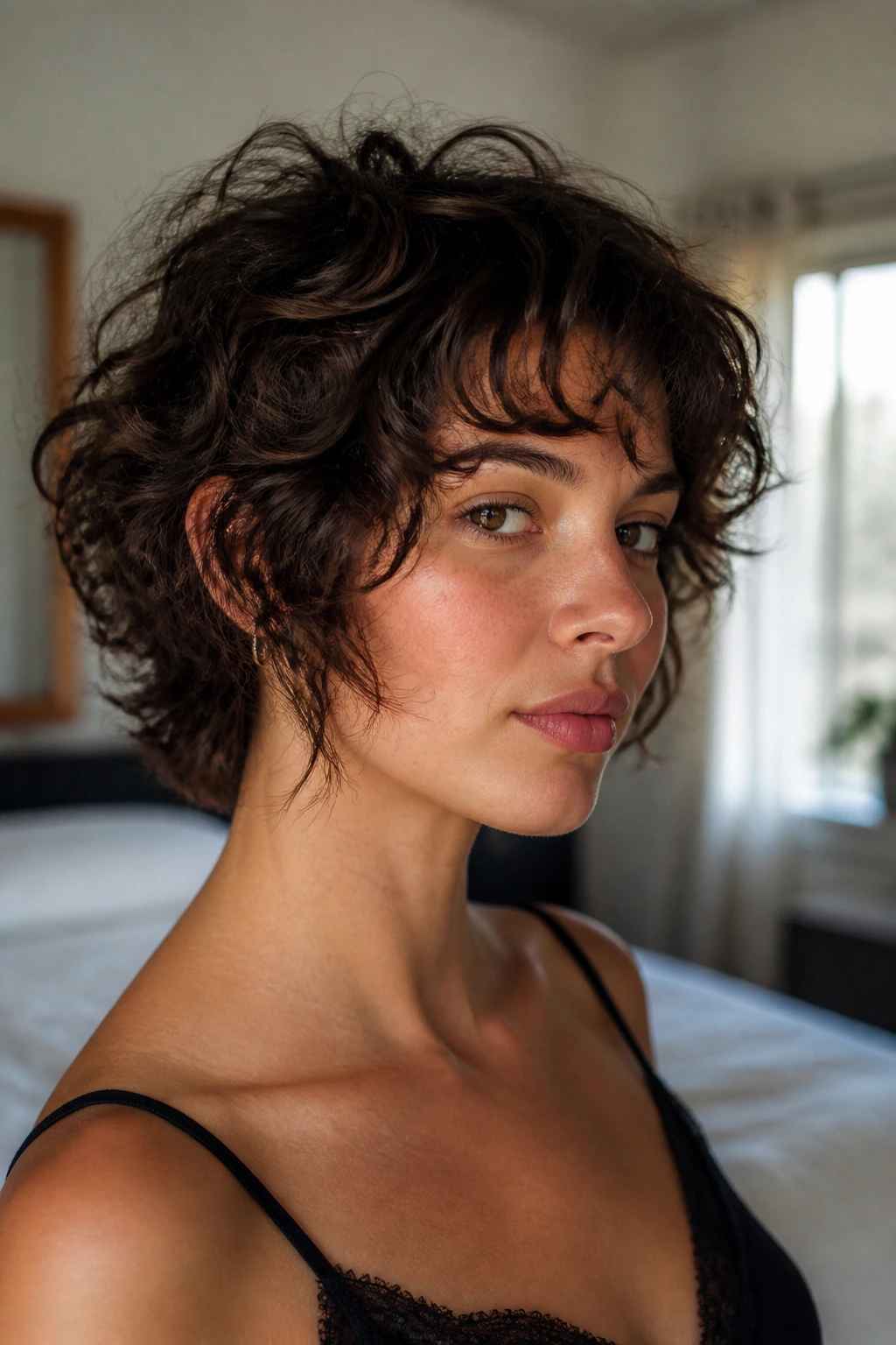Close-up of real woman with Cheekbone-Frame Shag highlighting cheekbone framing