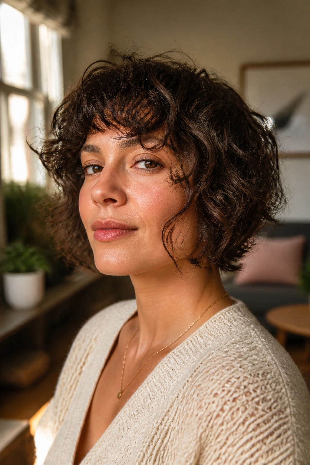 Three-quarter portrait of a real woman with cheekbone-framing shag highlighting cheek area.