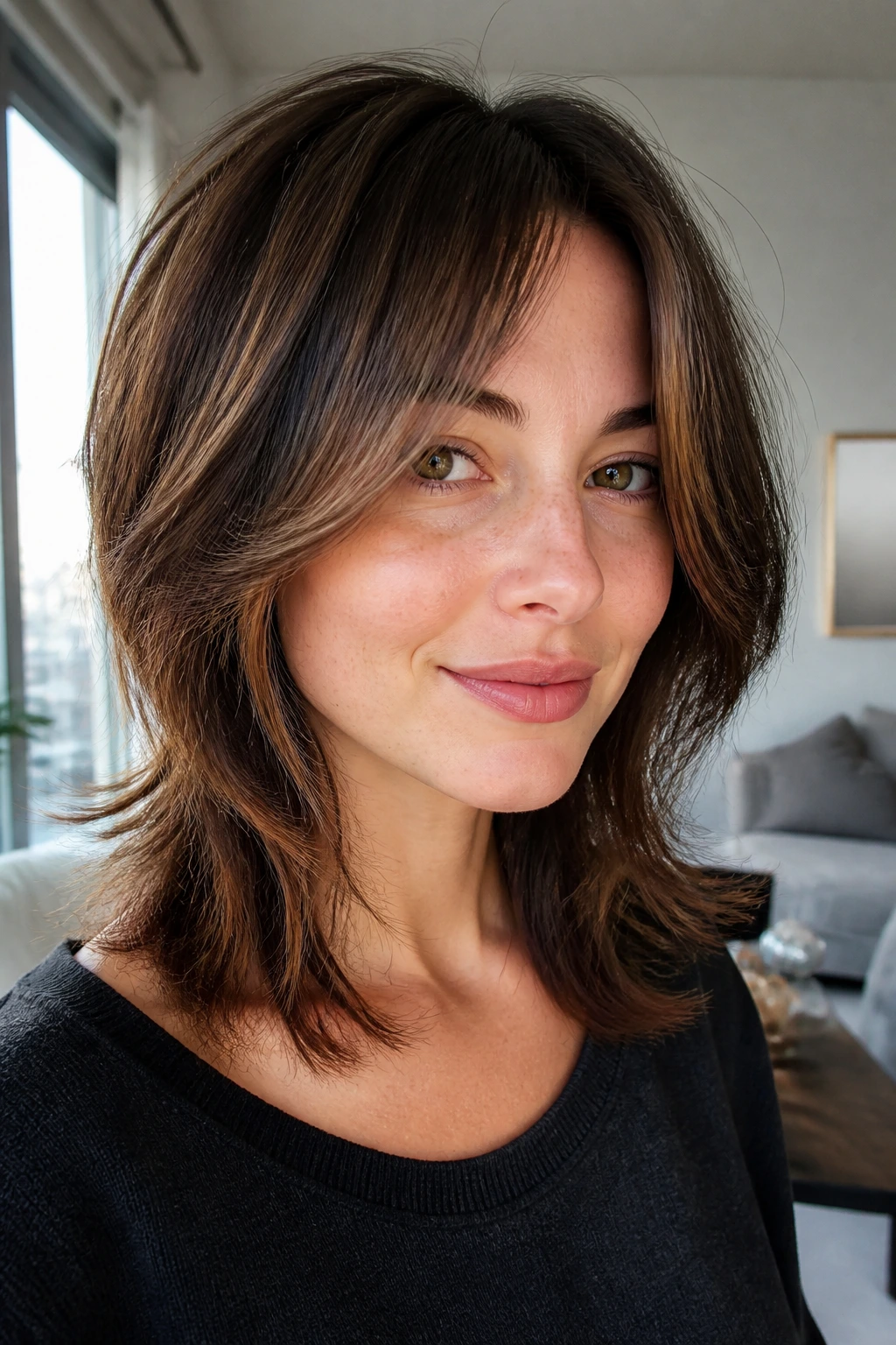 Close-up of a real woman with cheekbone-framing front pieces in a chic setting