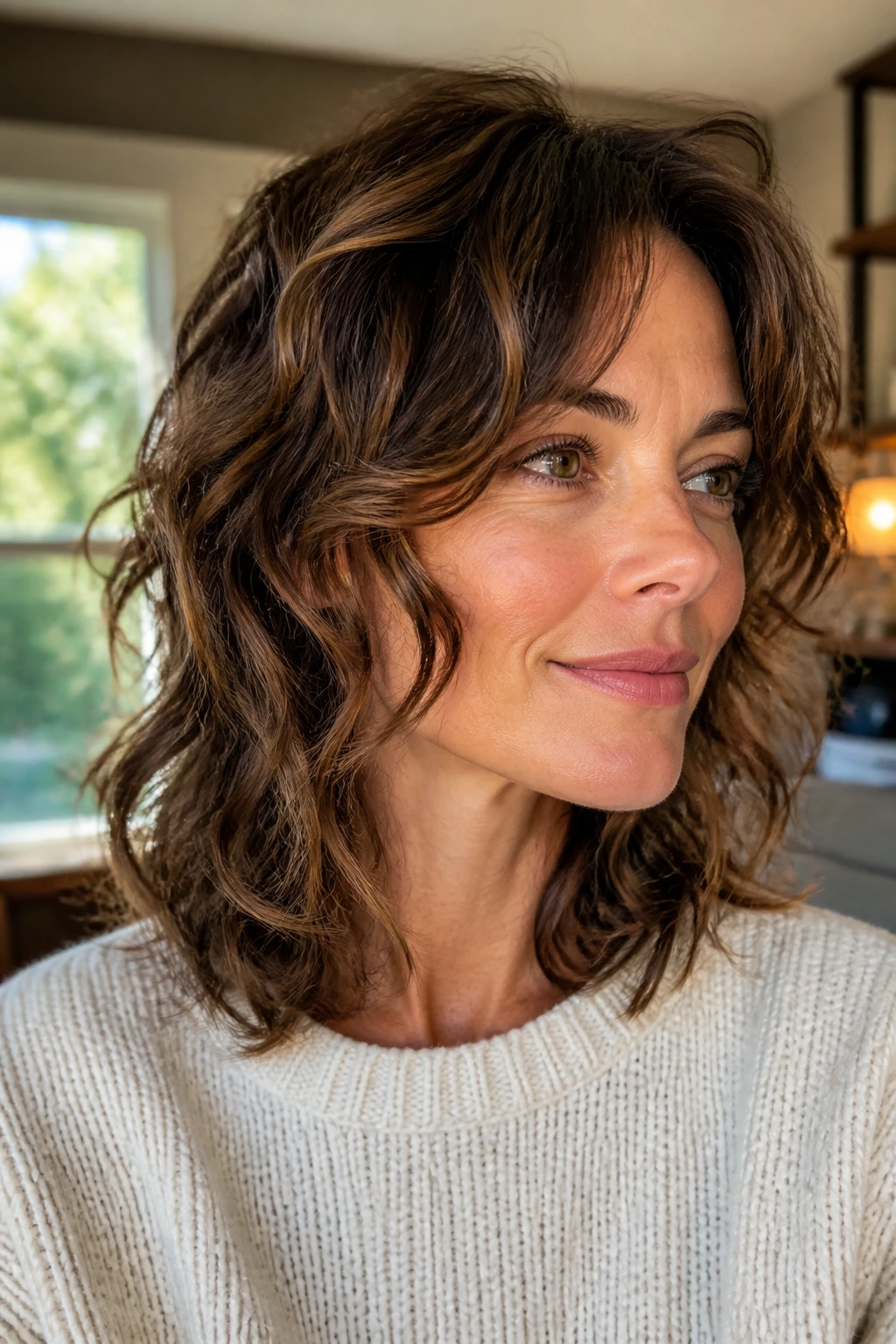 Close-up of a real woman with cheekbone-framing layers and mid-length waves