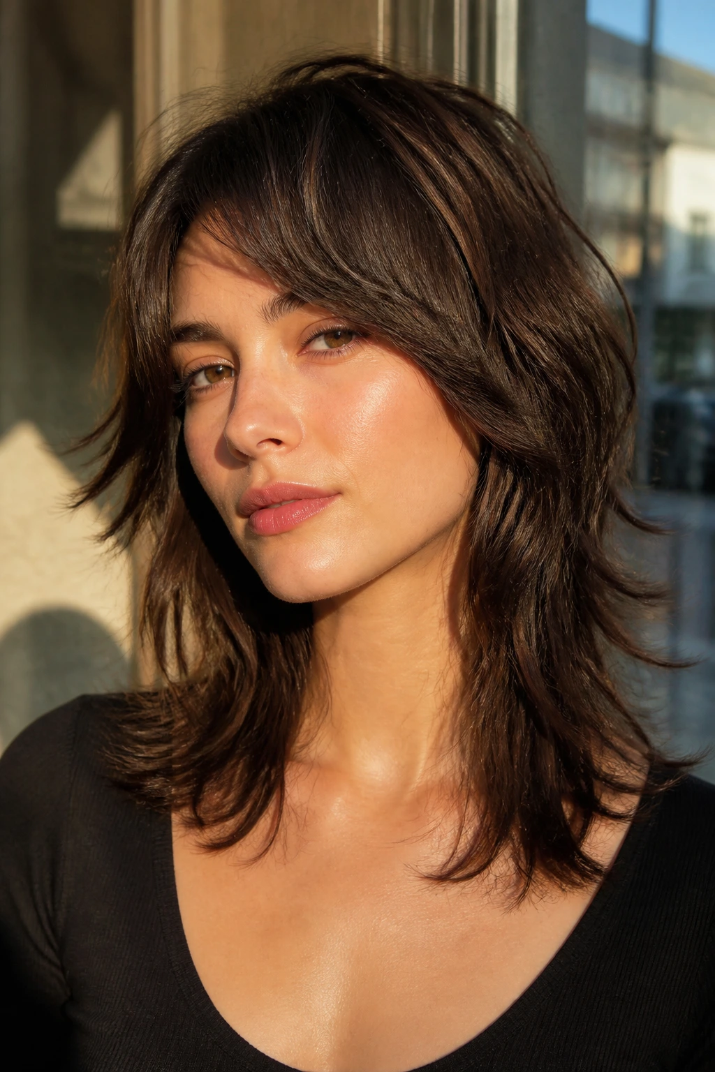 Close-up portrait of a real person with cheekbone-frame shag