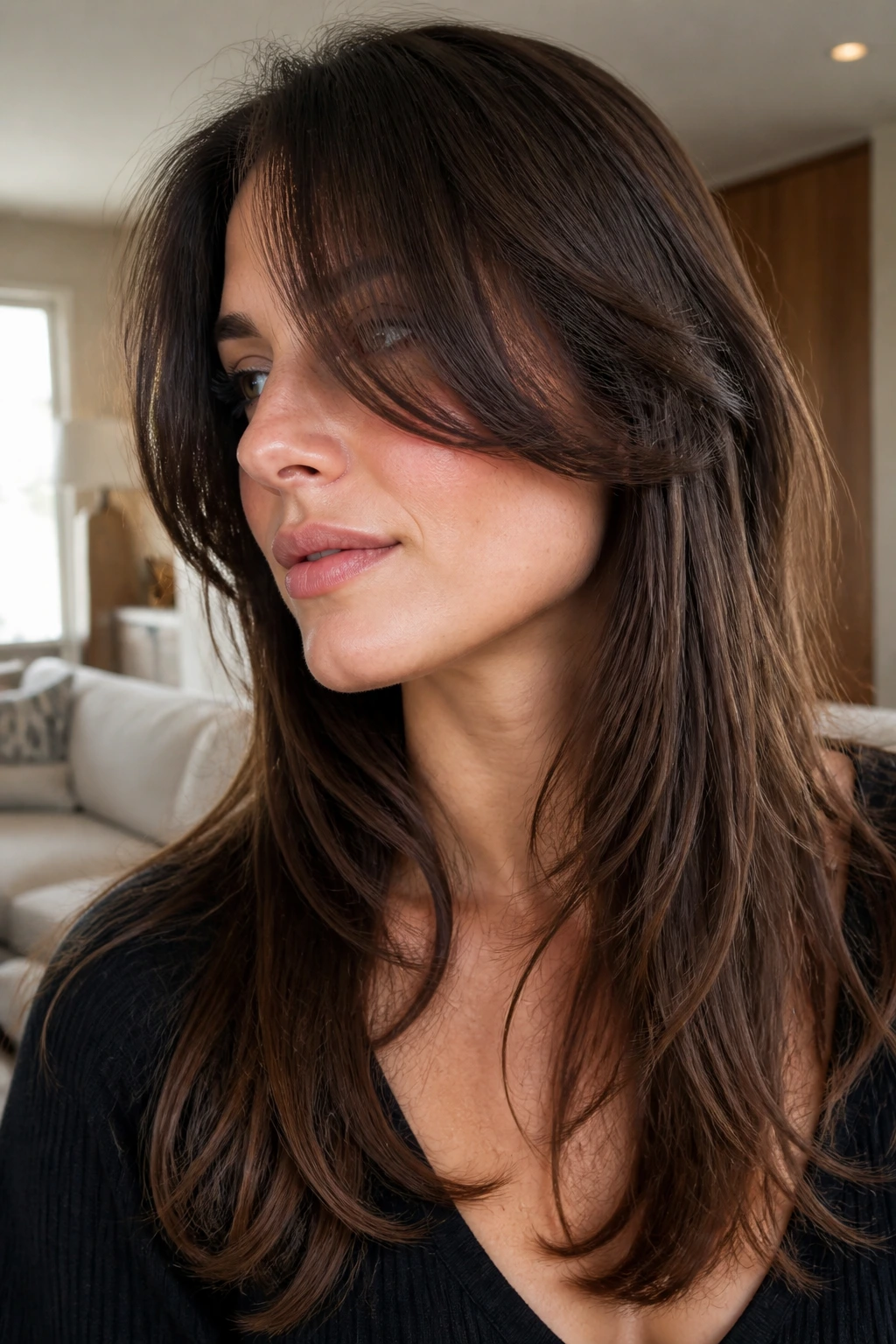Portrait of woman with sweeping fringe across cheekbone and layered ends.